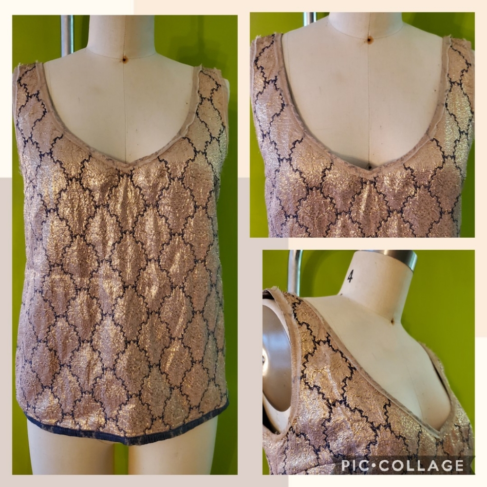 Prada Metallic Tapestry V-Neck Side Zip Tank Top